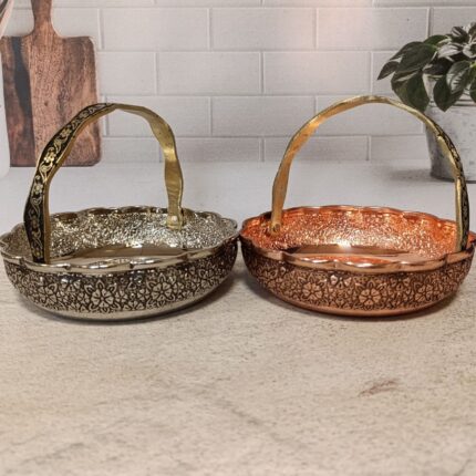 سبد پذیرایی مسی زیبا ضخیم با گلبرگ سیاه قلم ارسال رایگان